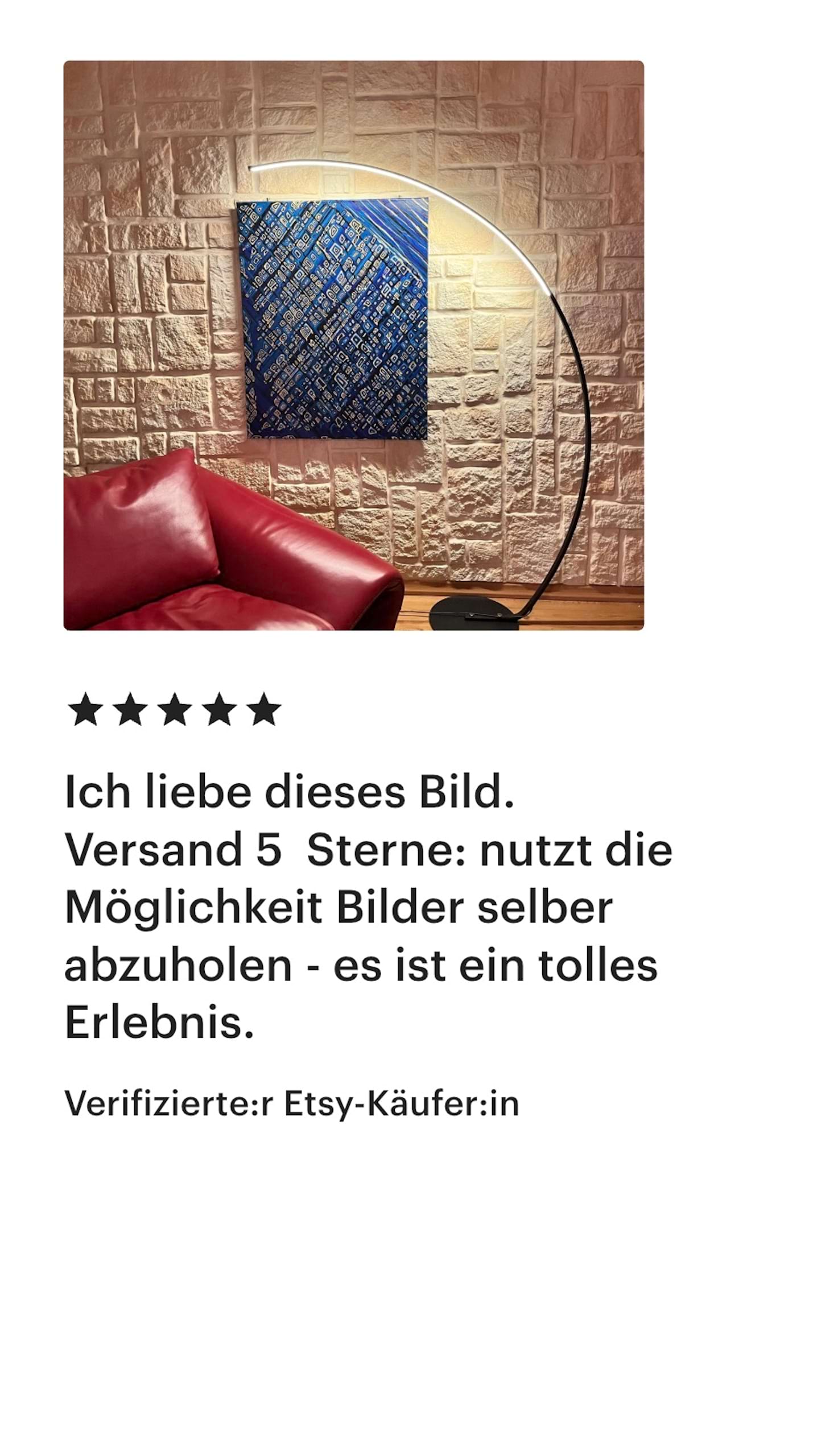 Verifizierte Etsy-Kundenbewertung für moderne abstrakte Kunst von Maria Hennig. Der Käufer liebt das Originalgemälde und lobt sowohl die Qualität des Kunstwerks als auch die persönliche Übergabe.